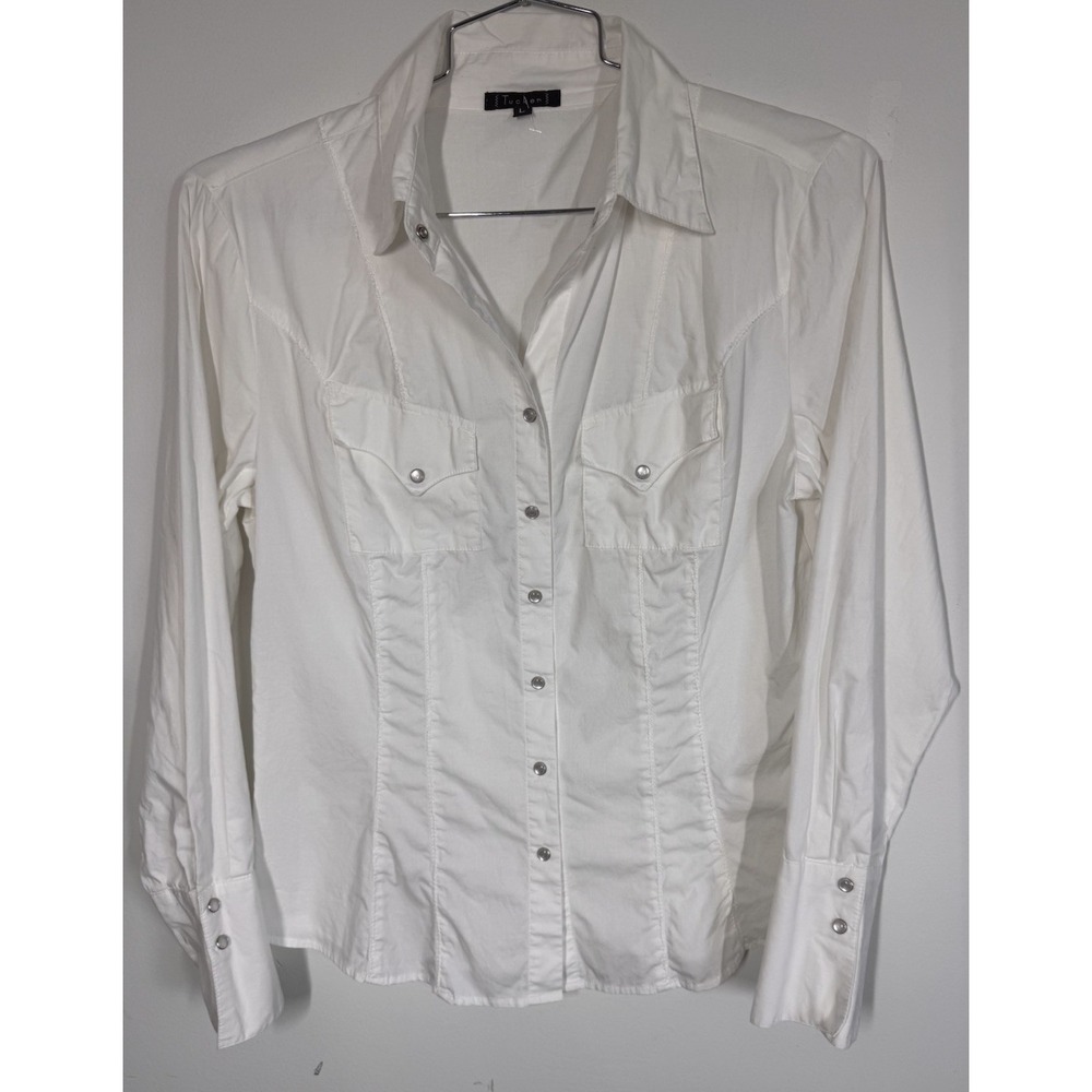 Tucker Semi Fitted White Long Sleeve Pearl Snap Western Shirt Women's L Cowgirl